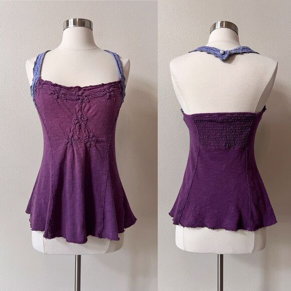 Vintage Free People Halter Top Medium Crochet Trim Purple Cotton Boho 90s Y2K - Picture 1 of 6
